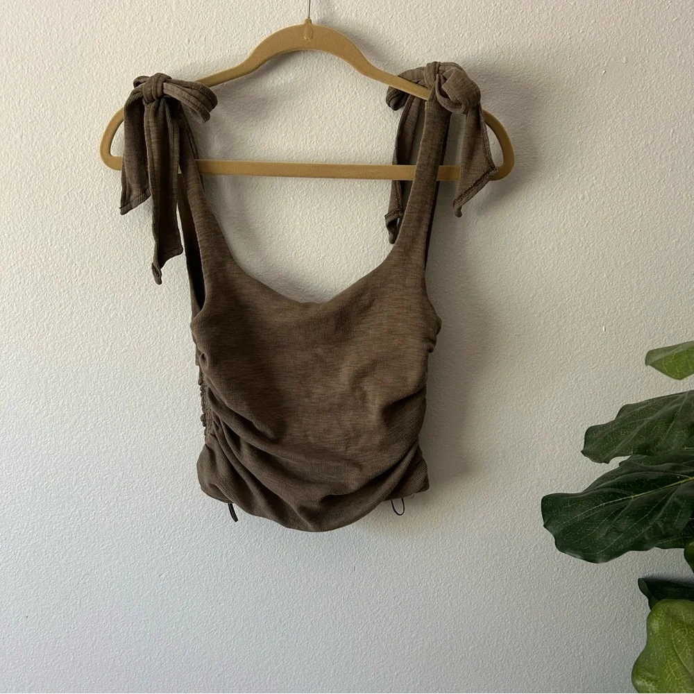Free People Boulevard ruched cropped tie shoulder tank olive green